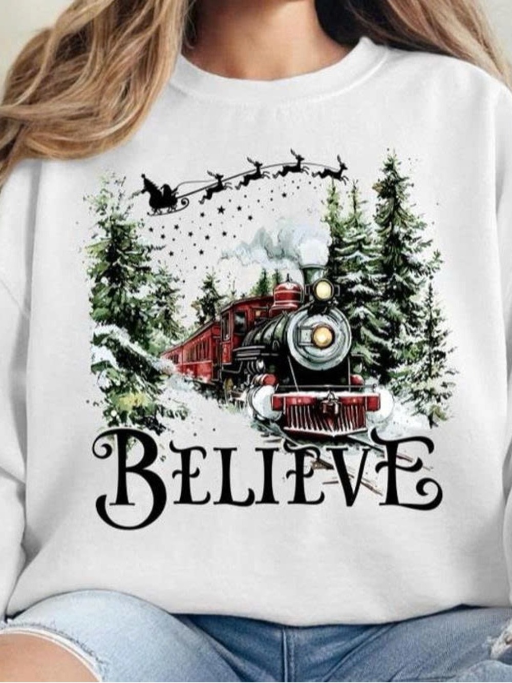 Believe Holiday Train Graphic Sweatshirt - White